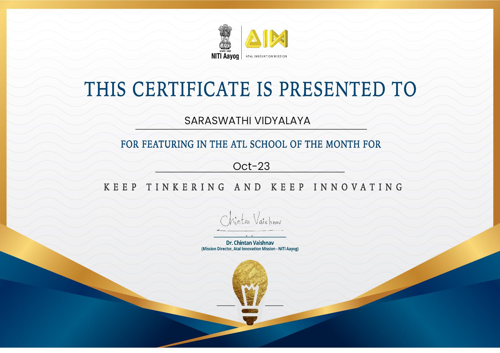 Saraswathi Vidyalaya Basks In The Glory Of  Being Selected As The ATL School Of The Month By Atal Innovation Mission (AIM)
